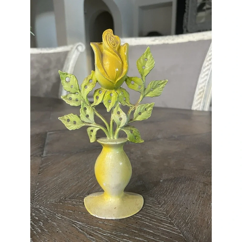Vtg Cast Metal Yellow Rose Vase Shaped Earring Organizer 70s Boho‎ Vanity 6.5